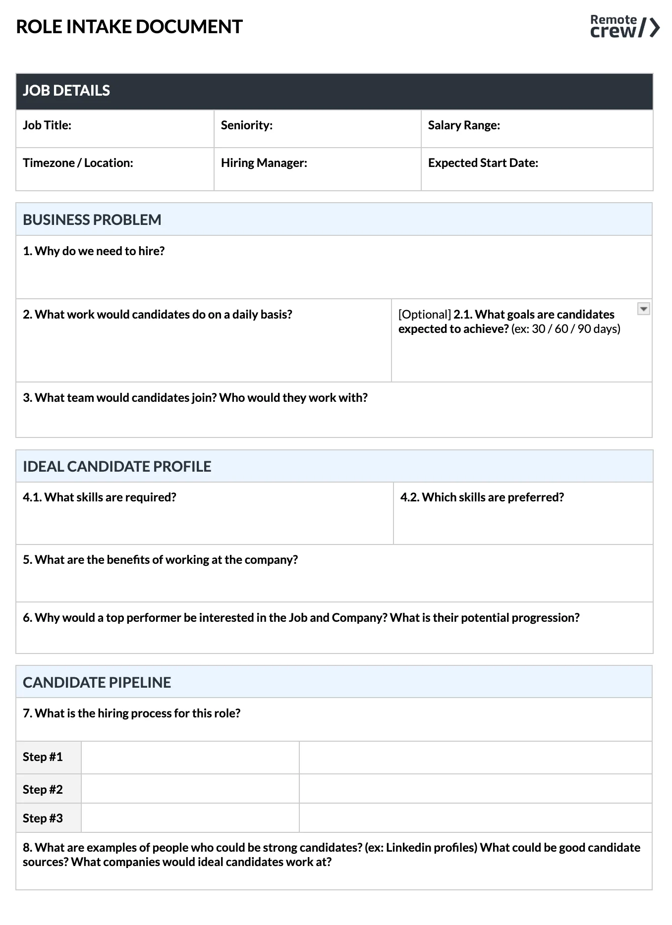 Role intake document
